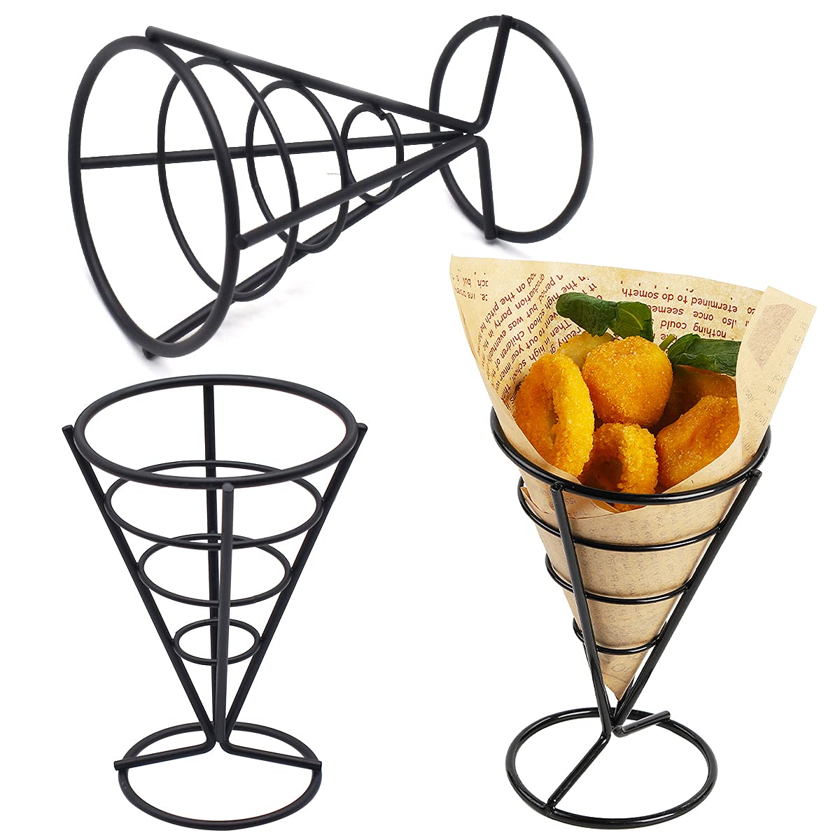 Jicyor Fry Stand Holder, 3pcs Stainless Steel Cone Snack Display Rack Wire Basket Robust Easy to Clean Fries Foods Stand Holder for Families Restaurants cafes Bars Snack Bars Weddings Parties(Black)