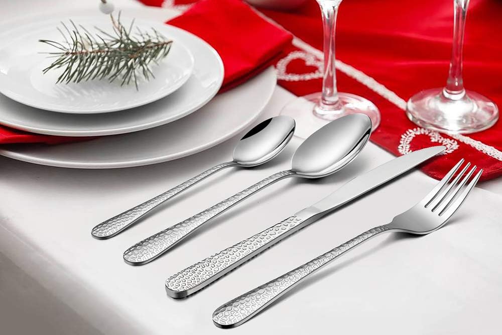 Cutlery Set, Stainless Steel 32 Piece Flatware Set for 8, Hammered Design Silverware Set for Big Family/Camping/Picnic - Image 3