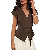 MakeMeChic Women's Fall Wrap V Neck Blouse Button Up Cap Sleeve Belted Business Dressy Tops