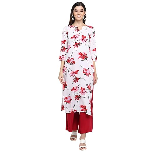 Womens White Crepe Printed Straight Calf Length Kurti