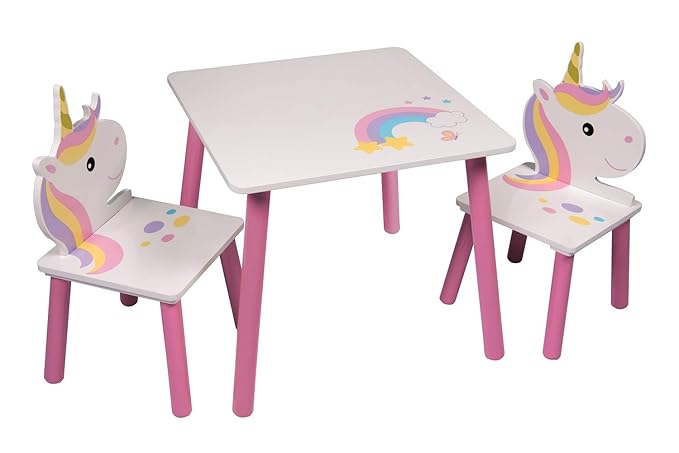 Familie24 3tlg. Holz Kindersitzgruppe Auswahl Tisch + 2X Stuhl Sitzgruppe Kindertisch Einhorn Pferd Space Galaxy Weltall Welt