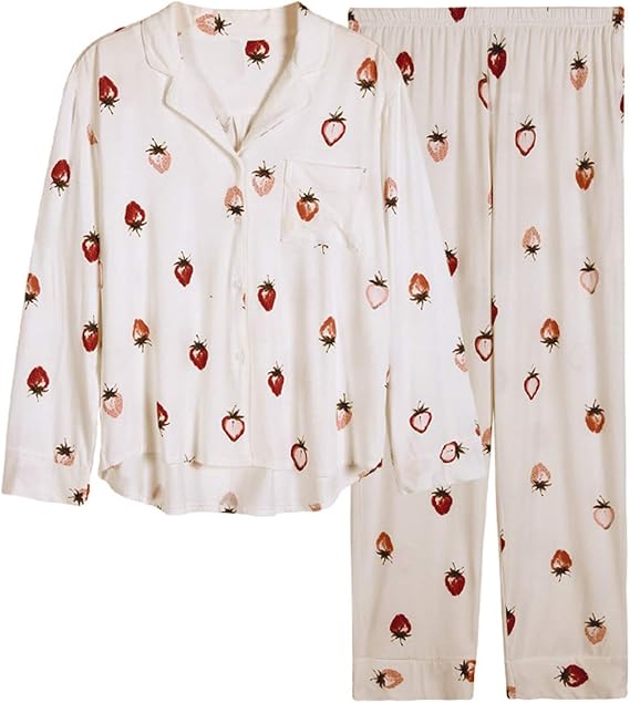 Amazon 寝巻き レディース パジャマ 可愛い いちご柄 オシャレ プリント 2点 セット カジュアル 長袖 パンツ 便利服 綿100 ルームウェア おしゃれ 吸汗 通気 肌に優しい 部屋着 パジャマ ルームウェアセット 通販