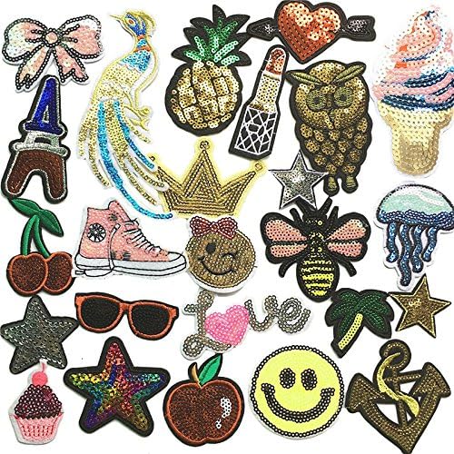 Zhanyue Embellishment Random 24pcs Embroidered Patch Sew On/Iron On Patch Applique Clothes Dress Plant Hat Jeans Sewing Flowers Applique Diy Accessory (Sequin patch)