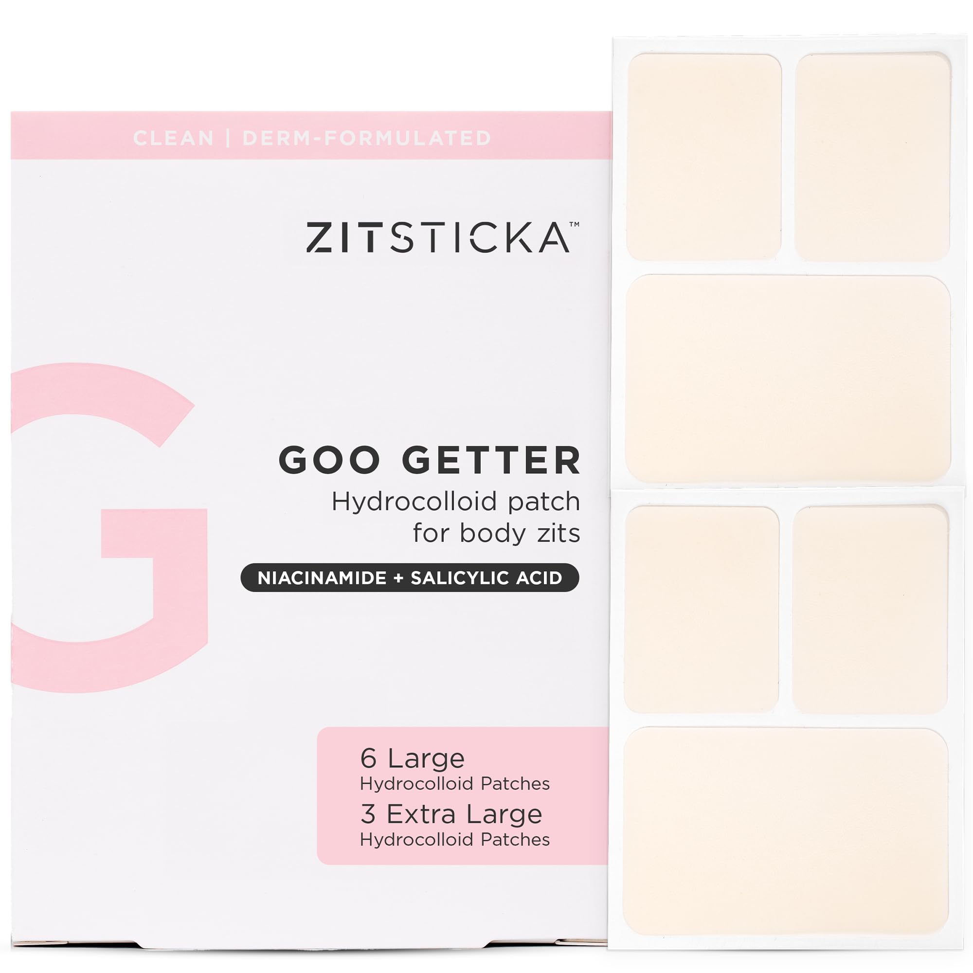 Zitsticka Large Blemish Body Patches, Hydrocolloid Acne Patches to Cover Zits & Blemishes, Spot Treatment (GOO GETTER BODY PATCH 9 PACK)