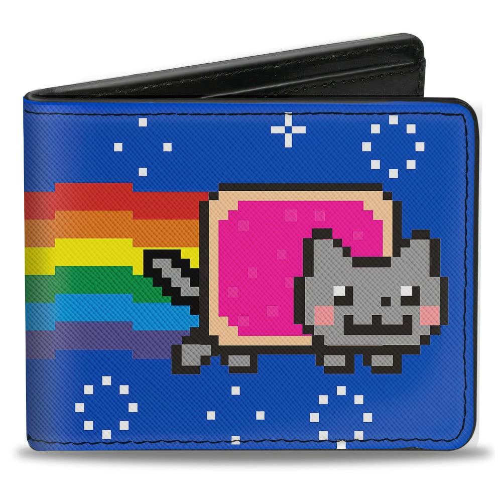 Buckle-Down Mens Pu Bifold - Nyan Cat Face Close-up Blue Wallet, Multicolor, 4.0 x 3.5 US