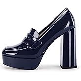 Womens Platform Heels Loafers Chunky High Heel Closed Toe Patent Leather Shoes Penny Loafer Business Dress Work Pumps