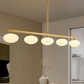 Fang Yan Mei Gold Linear Chandelier, 5-Lights Kitchen Island Light, Dining Room Light Fixture Over Table, Mid Century Globe C