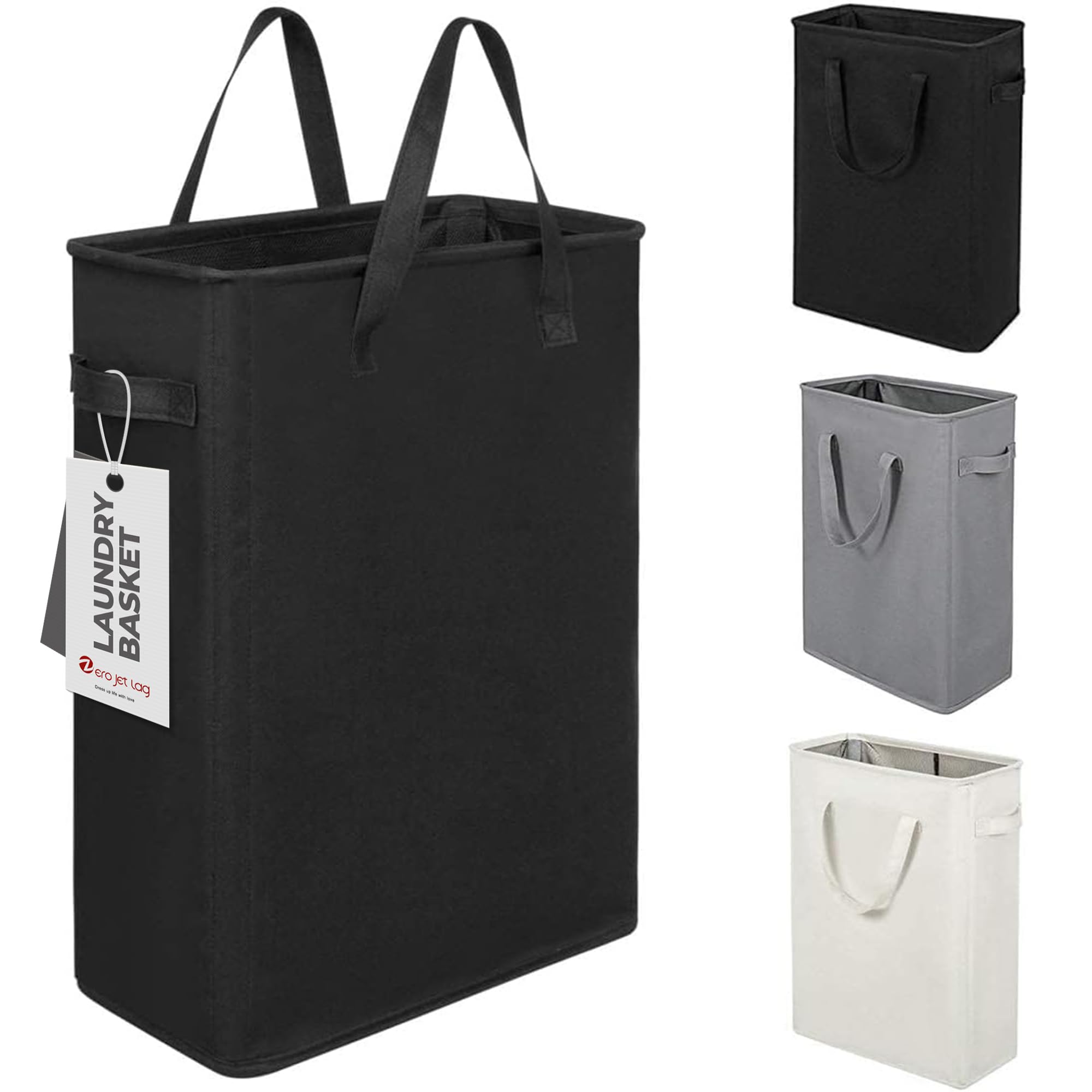 Photo 1 of ZERO JET LAG Slim Laundry Hamper With Handles Collapsible Laundry Basket Thin Dirty Clothes Basket Narrow Laundry Bag Foldable Dirty Clothes Hamper 45L (22 inches,Black)