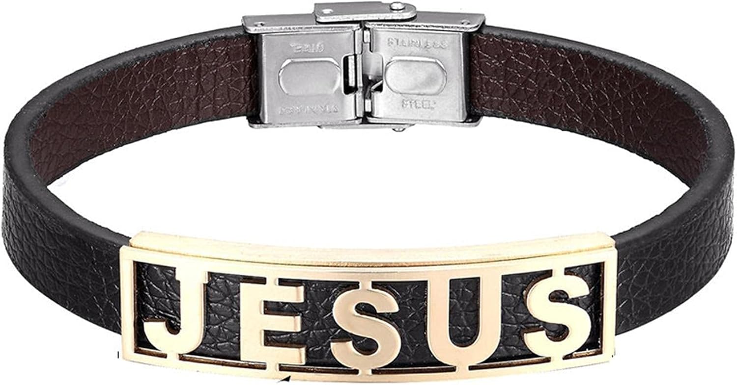 Religious Christian Jesus Bracelets Stainless Steel Leather Cuff