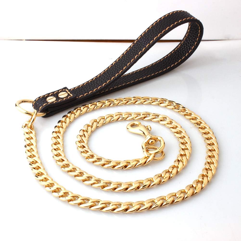 POPETPOP Dog Leash Golden Metal Long Gold Stainless Steel Chew Proof Indestructible Cool Leash Chain Link for Pet Durable with Leather Handle - Image 4
