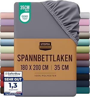 Utopia Bedding - Spannbettlaken 180x200cm - Grau - Oeko-Tex Zertifiziertes Gebürstete Polyester-Mikrofaser Spannbetttuch - 35 cm Tiefe Tasche