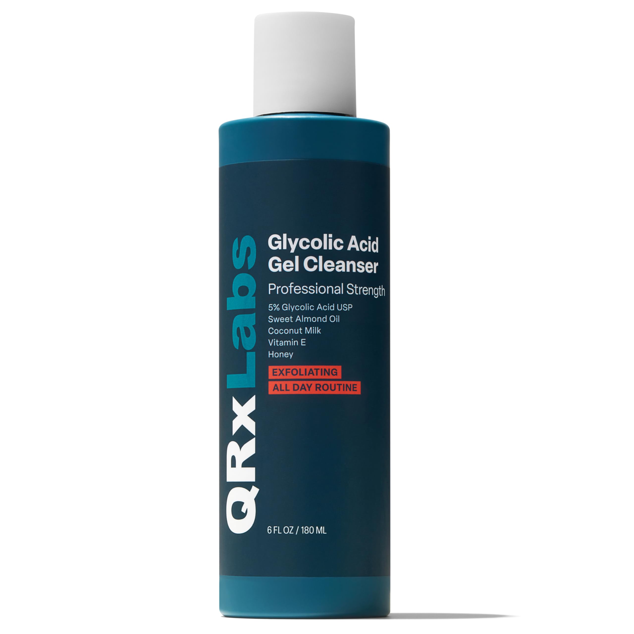 QRxLabs Glycolic Acid Cleanser - Exfoliating Face Wash, Best For Wrinkles, Lines, Acne, Spots & Chemical Peel Prep With Coconut Milk, Honey & Sweet Almond Oil - 1 Bottle Of 6 Fl Oz