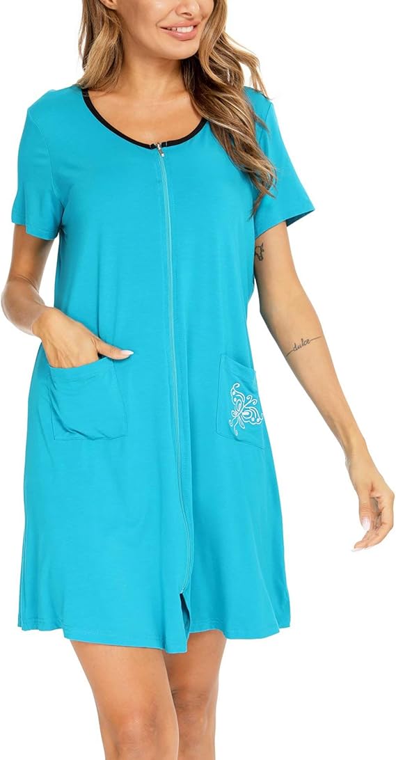 SWOMOG Women's Zip Up Housecoat Short Sleeve Robe Modal Nightgown Sleepwear with Pockets at 