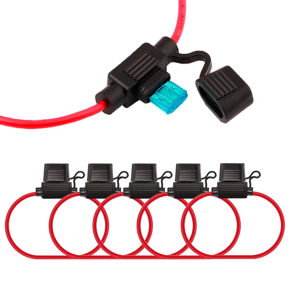 QitinDasen 5Pcs Premium 12V / 24V Small In-Line Black & Red PVC ABS Tin-Plated Zinc Blade Fuse Holder Kit with 16 AWG Wire Harness, 15Pcs Mini Blade Fuses, 5Pcs Wire Ties and 1Pcs Fuse Extractor