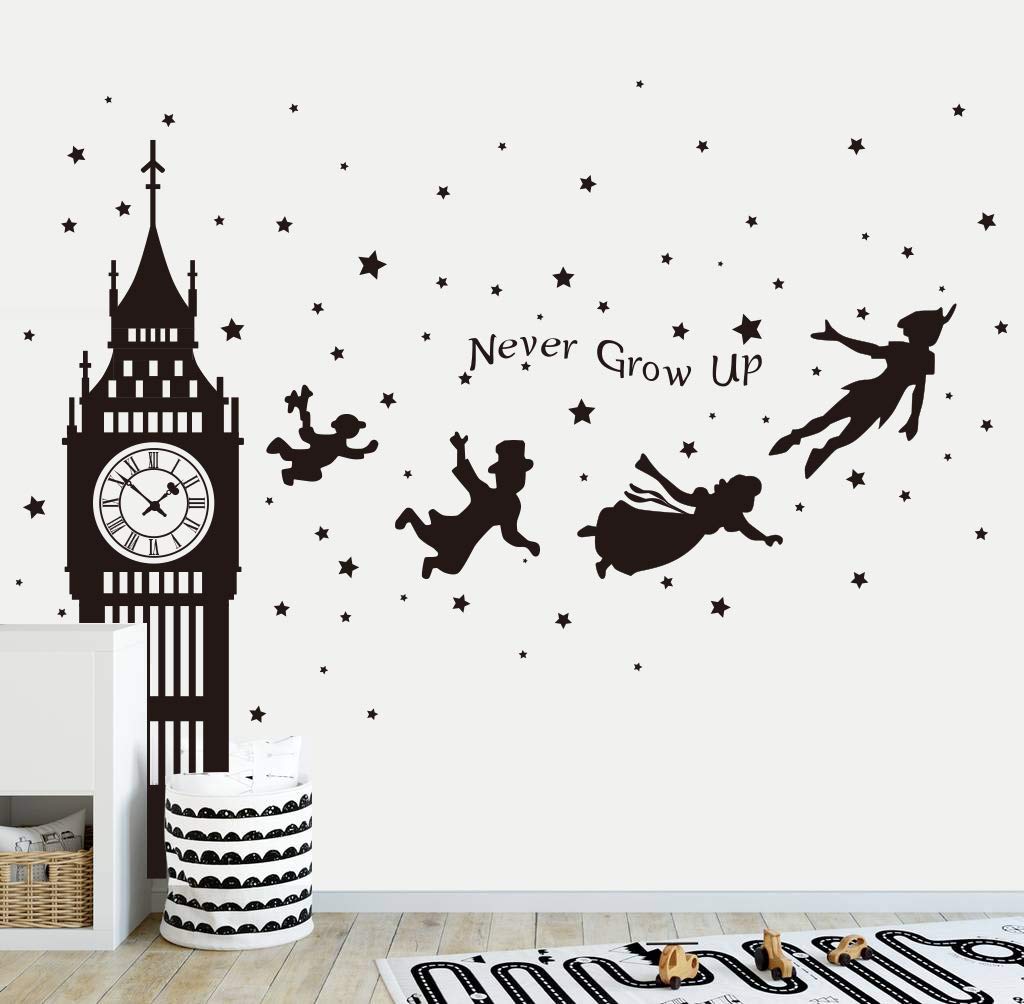 Runtoo Peter Pan Wall Decals Big Ben Clock Never Grow Up Quotes Stars Wall Stickers Baby Nursery Room Kids Bedroom Wall Decor [Black]