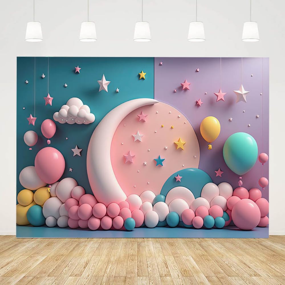Photo 1 of 7x5ft Photography Background 3D Balloons Stars and Moon Birthday Backdrop for Kids Baby Shower Portrait Photoshoot Props