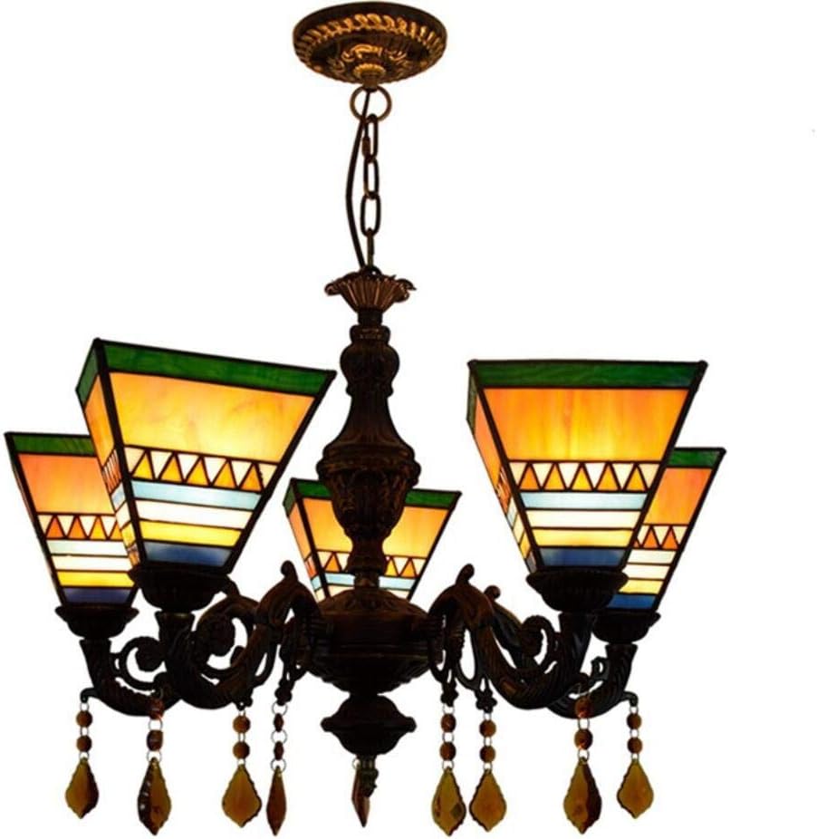 WFTD Bohemia Style Glass Chandelier, Tiffany Style 25-Inch Ceiling Light Crystal Pendant 5-Light Square Restaurant Pendent Light