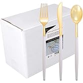 I00000 144Pcs Gold Plastic Silverware, Gold Plastic Utensils Set,Disposable Utensils Heavy Duty,Disposable Silverware Set Includes 48 Forks,48 Knives,48 Spoons for Wedding & Party