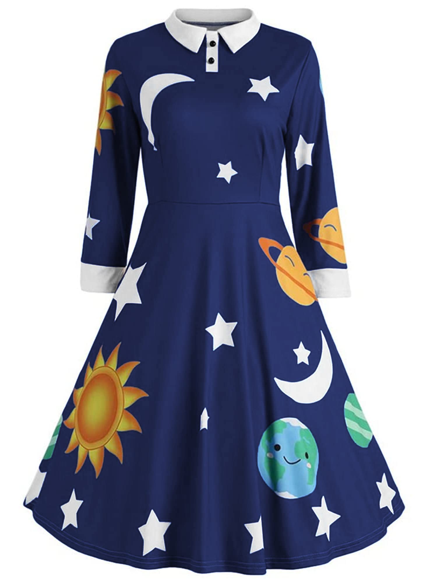 Photo 1 of ZEZCLO Women's Long Sleeve Peter Pan Collar A-line Dress Halloween Costume Vintage Solar System Fit and Flare Dresses Dark Blue M