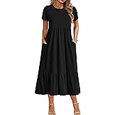 IN'VOLAND Women Plus Size Short Sleeve Dress Loose Plain Casual Summer Flowy Tiered Long Maxi Dresses with Pockets
