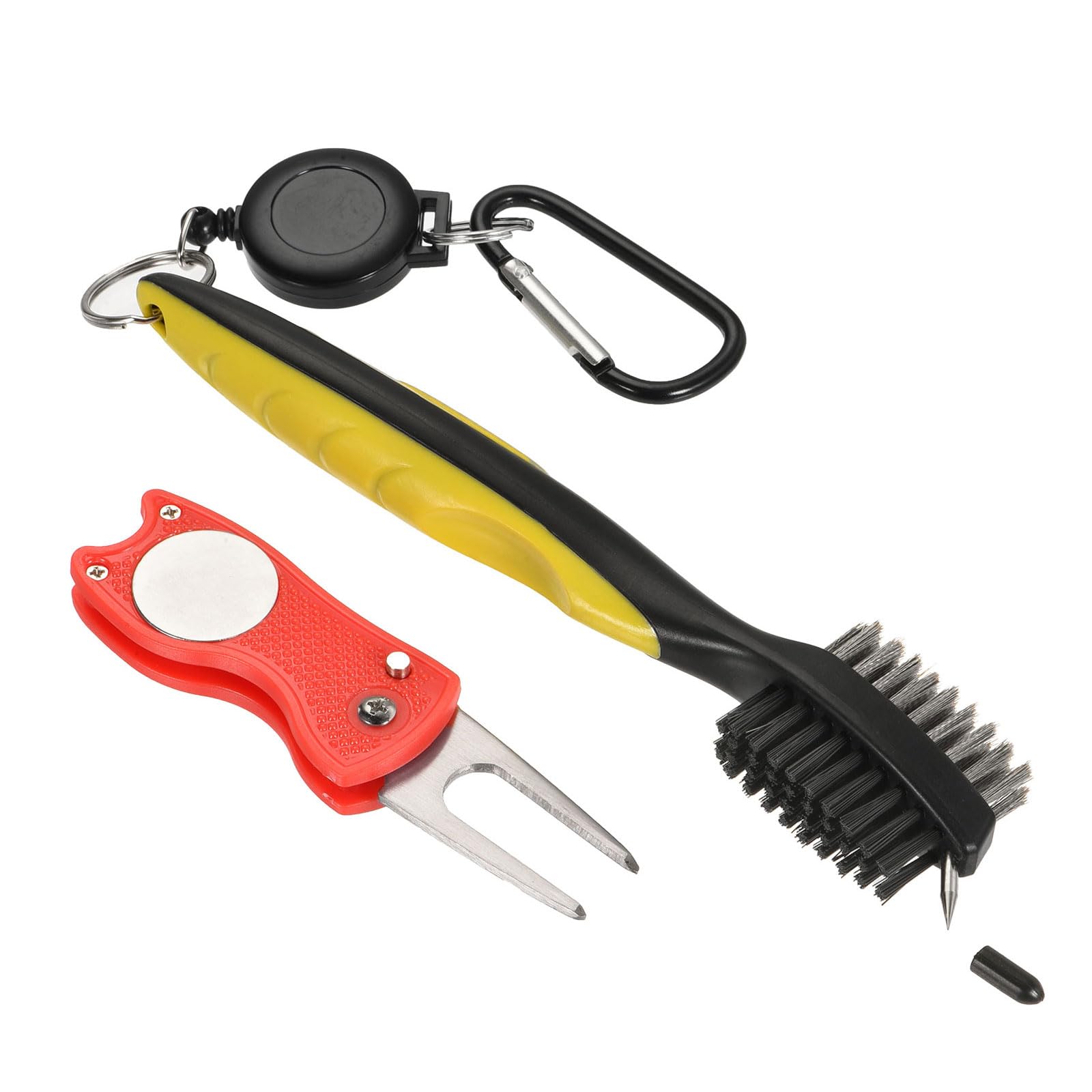 M METERXITY Golf Club Brush Kit- Golf Club Groove Cleaner Zip-line Dual Sided Bristle Cleaning Tools with Clip Divot Fork, Retractable, Apply to Outdoor (Yellow)
