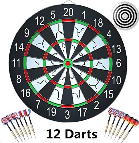 ihoven Dart Board with 12 Brass Darts Set, 18 Inch Professional Double-sided Flocking Dartboard Kit Tournament Dart Board Game Dartboards Kit for Children and Adults Family Time (Dark Black)