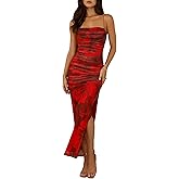 Women's Summer Maxi Dresses 2026 Bodycon Floral Sexy Spaghetti Strap Side Slit Party Cocktail Wedding Guest Mesh Long Dress