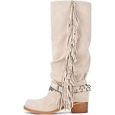 KISTANIA Women's Knee High Riding Boots with Fringes Buckle Straps Chunky Heel Square Toe Fold-Over
