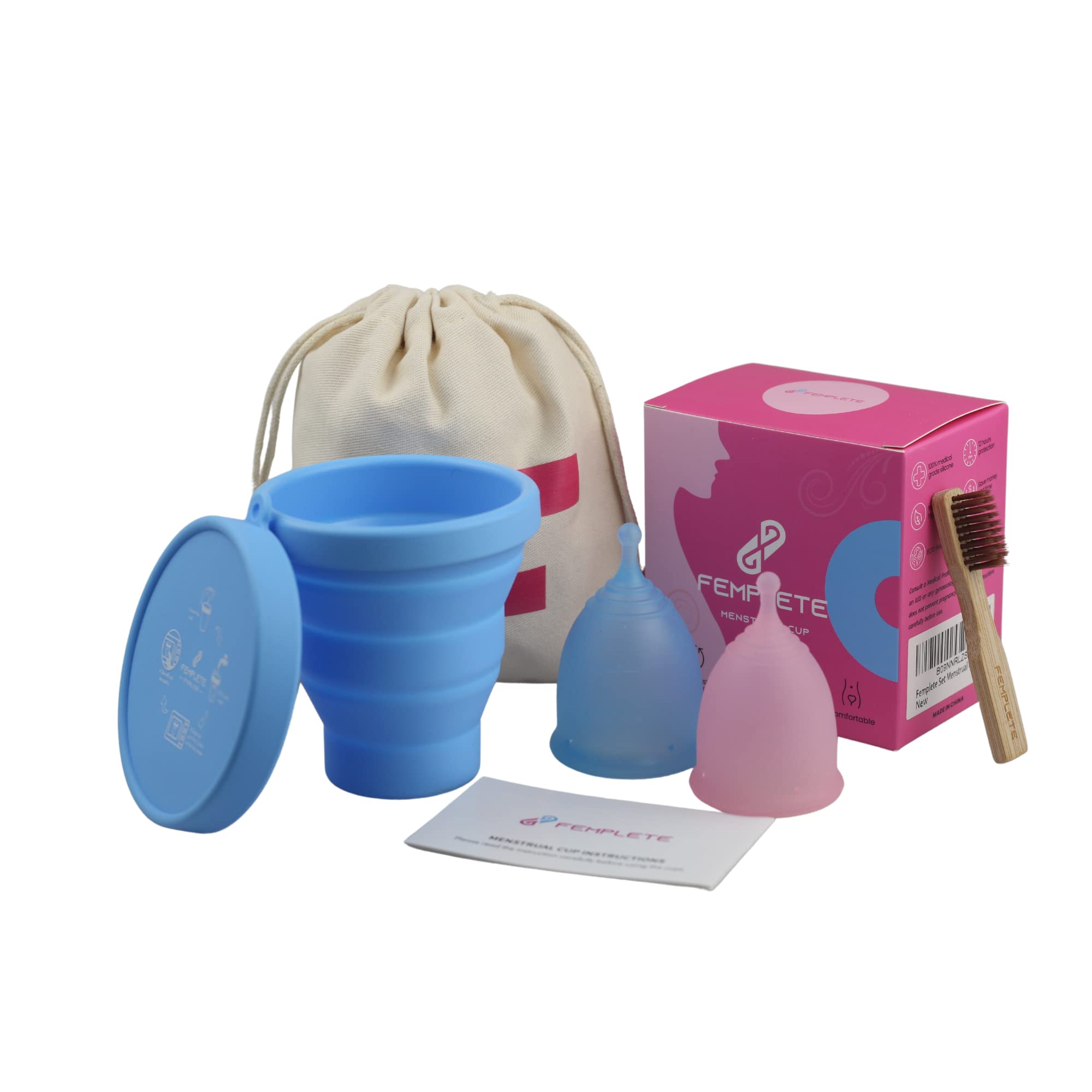 Femplete Menstrual Cup Kit Set of 2 Period Silicone Steriliser Feminine Hygiene Alternative to Tampons & Pads
