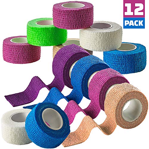 Self Adherent Cohesive Wrap Bandages - (Pack of 12 Rolls) 1 Inch X 5 Yards with Strong Elastic and Colorful First Aid Tape for Sprain Swelling and Soreness on Wrist and Ankle (Rainbow Color)