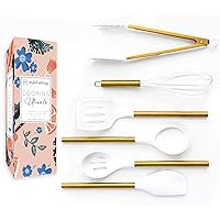 STYLED SETTINGS White Silicone and Gold Kitchen Utensils Set for Modern Cooking and Serving, Stainless Steel Gold Cooking Ute