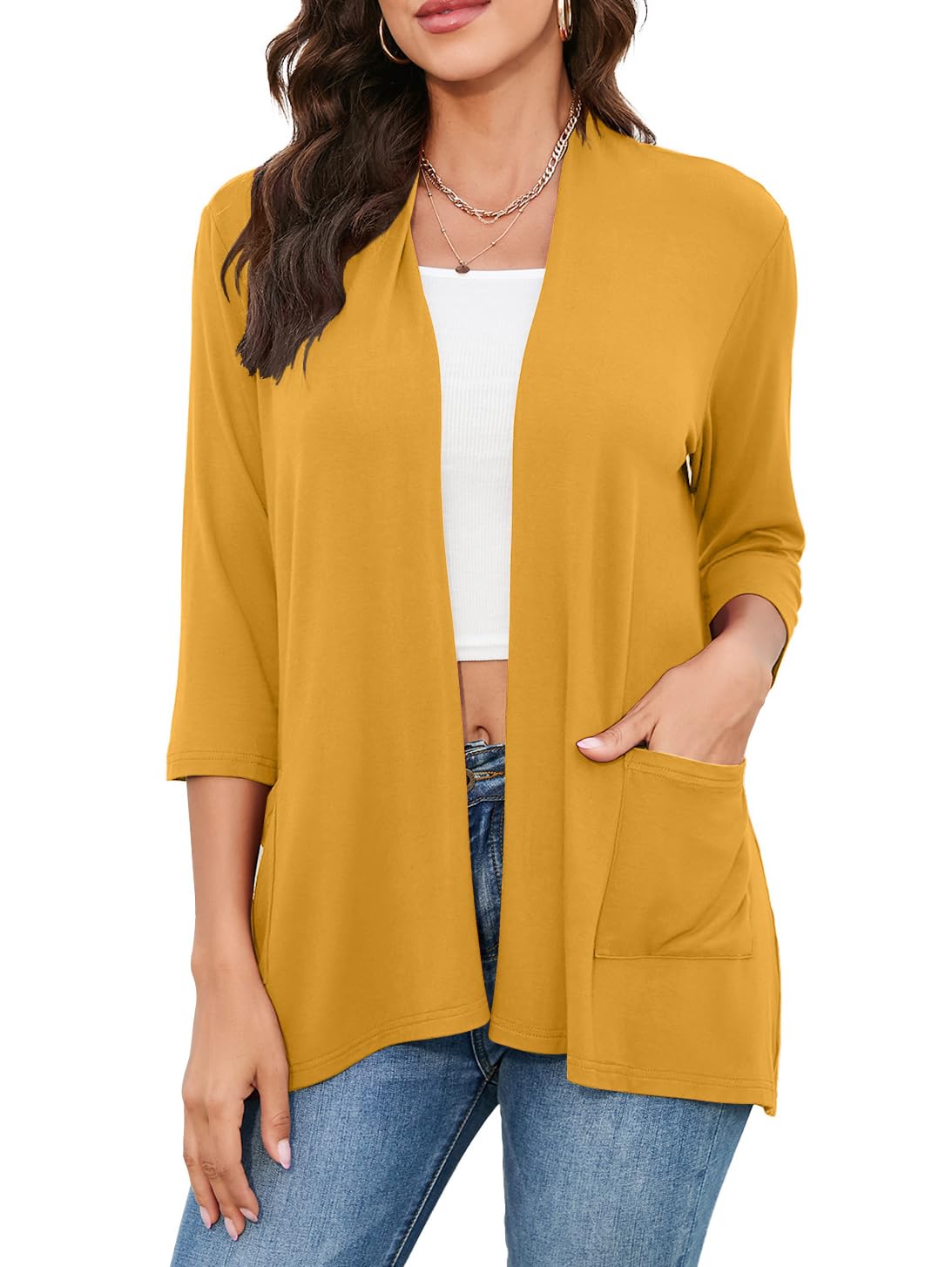 Photo 1 of HIYIYEZI Lightweight Cardigans for Women 3/4 Sleeve Soft Open Front Cardigans with Pockets (medium, Mustard Yellow)