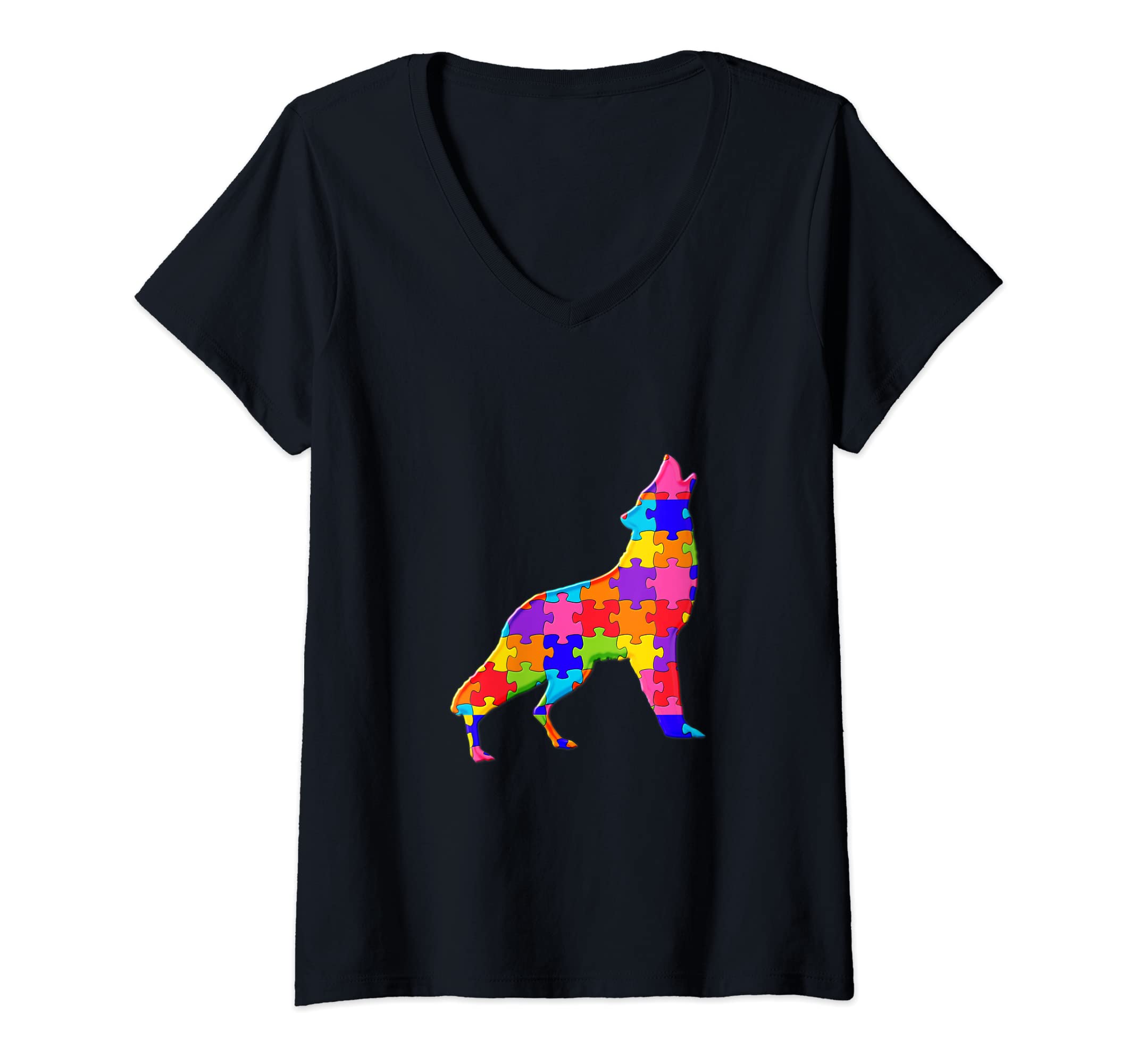 Womens German Shepherd wolf Dog Pet Jigsaw Autism Puzzle V-Neck T-Shirt