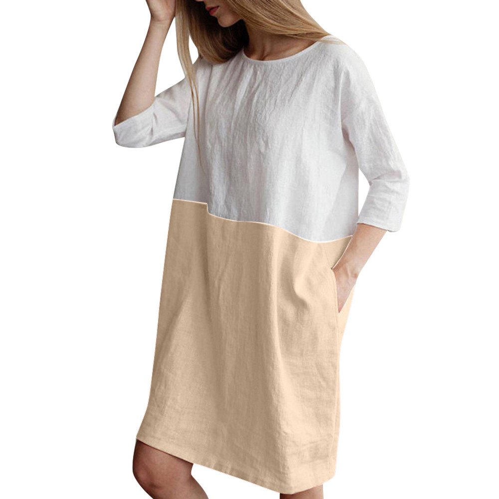 POTO Women Dresses, Loose Color Stitching Casual Dresses with Pockets Cotton Linen Tunic Dress Party Dress Beach Dress