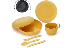 Berglander Camping Mess Kit with Bowl, Plate, Cup, Spoon, Fork, Knife and Carry Bag, Save Space, Easy to Carry, Plastic Camping Essentials Utensils for Travel, Picnic, Outdoor (Gold Yellow)