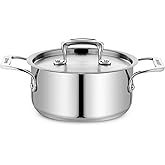 Stainless Steel Stockpot with Lid 2 Quart, Durable 18/8 Stainless Steel, Impact-Bonded Base for Even Heating, Riveted Handles, Oven & All Stove Compatible, Safe Up To 500°F (260°C)