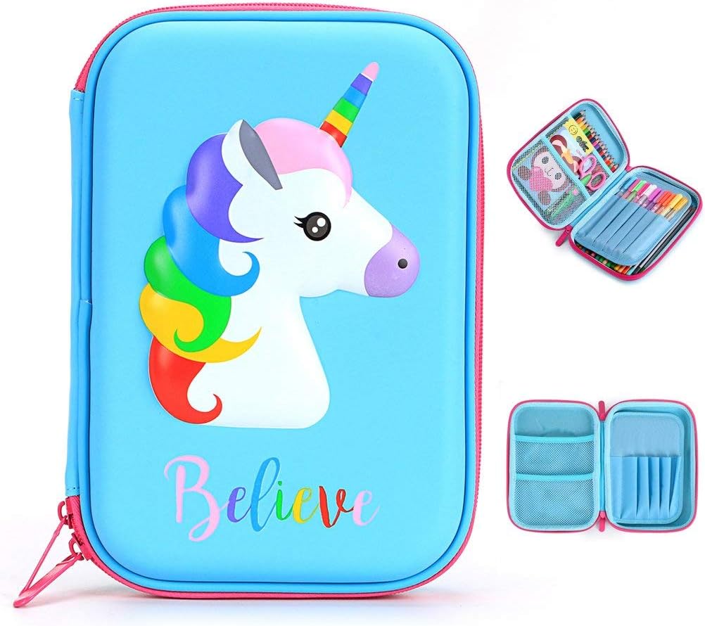 Boys Girls Cute School Supply Organizer Cool Pencil Case Box Holder Bag with Zipper for Kids Unicorn (Blue 1)