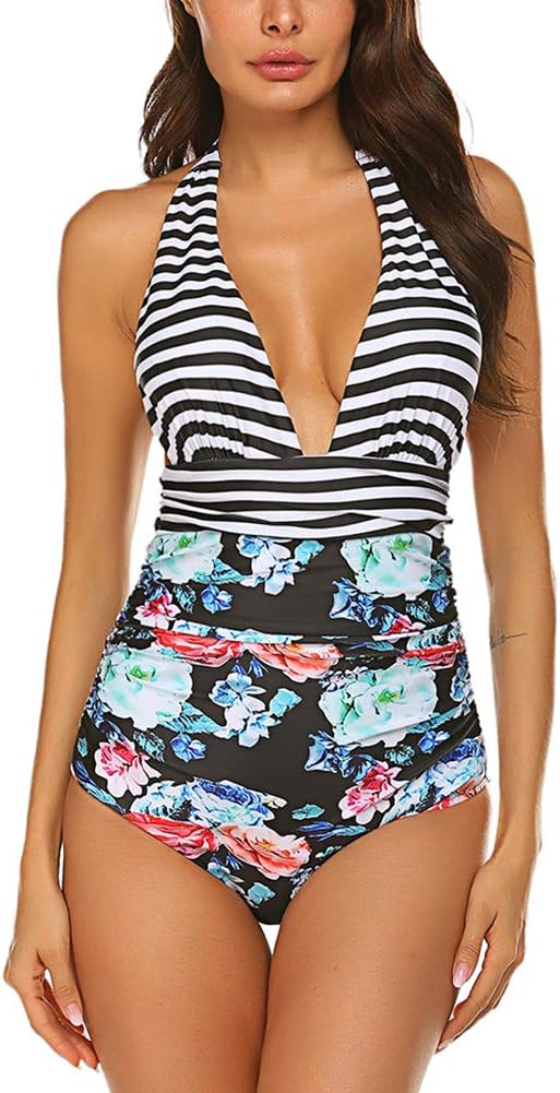 Qearal Womens Halter Striped One Piece Monikini Swimsuit High Waisted Bathing Suit Swimwear