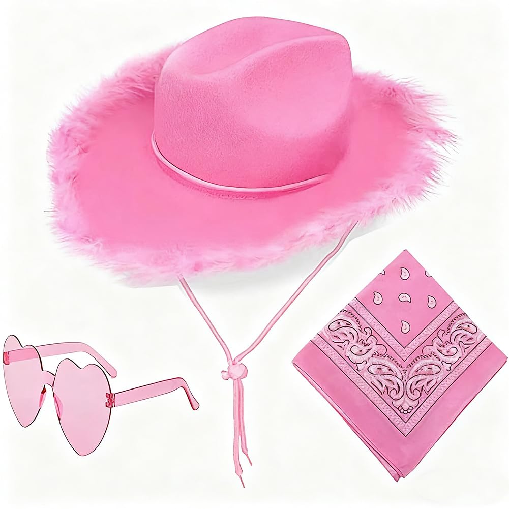 APPCRFM Western Girl Cowboy Hat Set, Pink Feather Western Cowboy Hat, Fluffy Feather Cowgirl Hats, Suitable for Birthday Party Fancy Dress Costume Party - 3PCS
