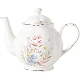 PRECITIME 34oz Porcelain Floral Teapot, Classic Tea Gift with Gold Trim | Floral teapot with elegant gold trim, fine porcelain, suitable for loose leaf tea &amp; tea bags, perfect for daily use, gift