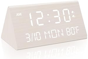 Kogonee Wooden Digital Alarm Clock, 0-100% Dimmer, 2 Alarm Settings, Weekday/Everyday Mode, 9 Mins Snooze, 12/24H, Temperature and Date Display for Office, Travel, Bedroom Alarm Clock (White)