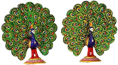 Crafticia Craft Rajasthani Handicraft Traditional Cast Iron Dancing Peacock Figurine Featuring Meenakari Showpiece Pair Multi