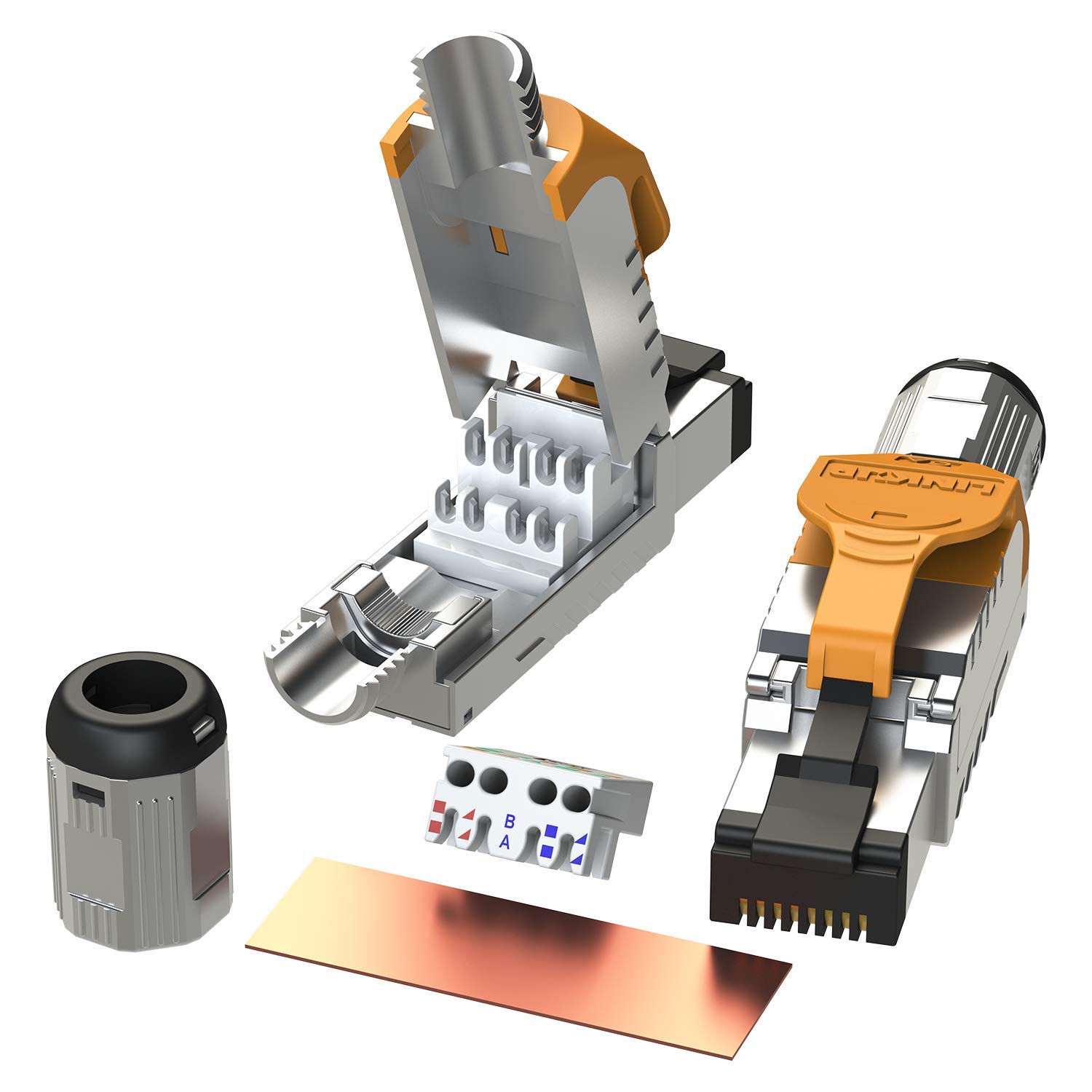 LINKUP - RJ45 Connectors Cat6A (6 Pack) Shielded Metal Die-Cast Field Modular Termination Plug | 10G Easy Internet Tool Free Plugs | For Cat6A up to 22AWG Solid Bulk S/FTP Ethernet Cable [Orange] — image 1