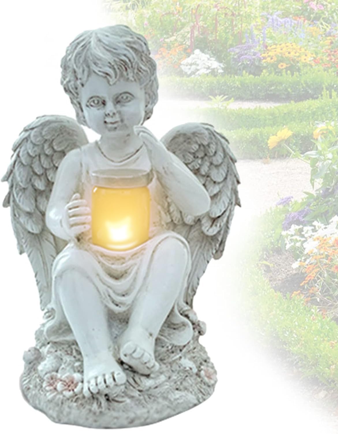 Tuzsocr Resin Angel Figurine,Angel Solar Lights Outdoor Garden Ornament,Angel Religious Fairy Sculpture,Fairy Garden Figurines Gifts for Mom Grandma/Grave ornaments for Grave Garden Memorial Stones(A)