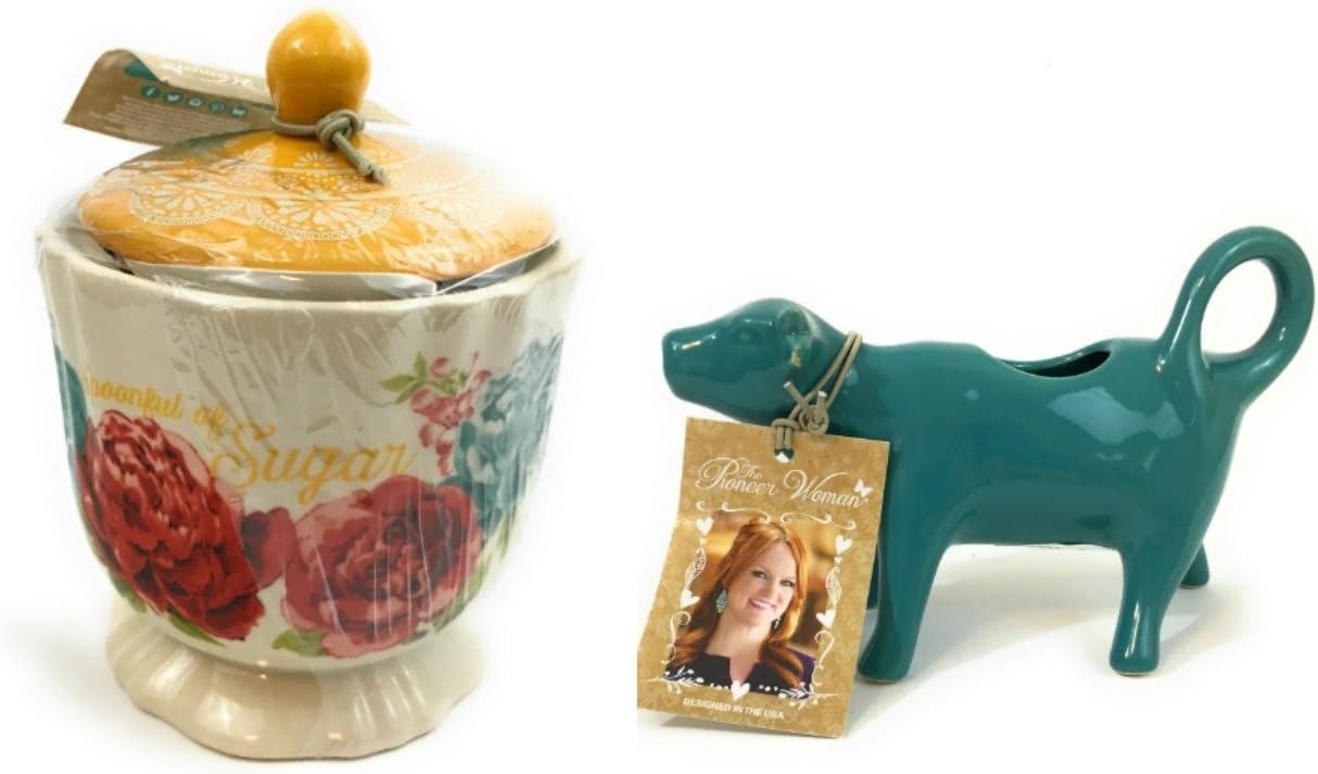 Pioneer Woman Jubilee Sugar Pot with Lid, Pioneer Woman Teal Cow Creamer