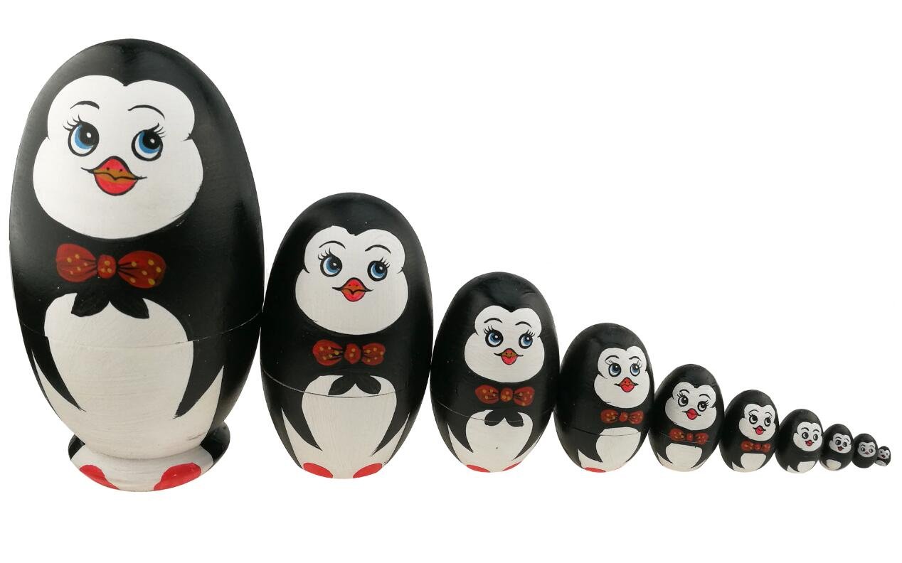 Cute Animal Theme Penguin with Bowtie Egg Shape Wooden Handmade Nesting Dolls Matryoshka Dolls Set 10 Pieces for Kids Toy Birthday Home Kids Room Decoration