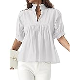 Womens Babydoll Peplum Summer Tops Short Puff Sleeve Blouse V-Neck Pleated Loose Fit Dressy Casual Shirts