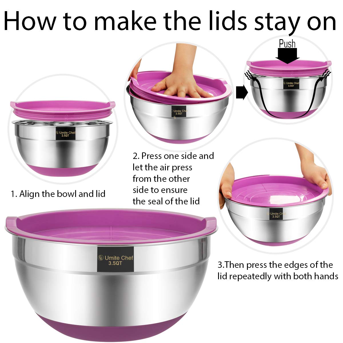 Umite Chef Mixing Bowls with Airtight Lid, 6 Piece Stainless Steel Metal Bowls