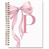 JXREQ Coquette Pink Bow Personalized Notebook, Initial Letter P Monogram Journal, Preppy Girly Ribbon Bow Journal, Monogrammed Gifts for Women, Aesthetic Spiral Notebook 5.5x8.3