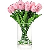 rubystory 20 PCS Real Touch Tulips Artificial Flowers in Vase, Tulips Faux Arrangements with Vase and Fake Water for Home Decor, Dining Table (Pink)